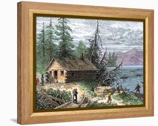 Wilderness Log Cabin of Pioneers Who Travel by River-null-Framed Premier Image Canvas