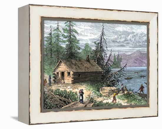 Wilderness Log Cabin of Pioneers Who Travel by River-null-Framed Premier Image Canvas