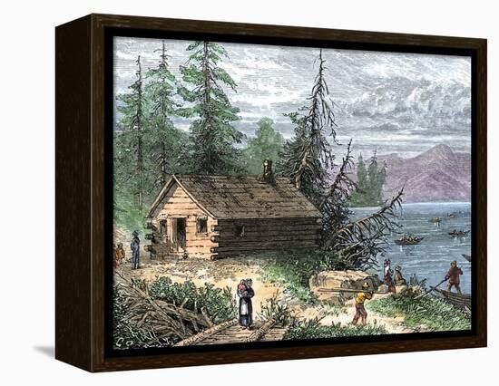 Wilderness Log Cabin of Pioneers Who Travel by River-null-Framed Premier Image Canvas