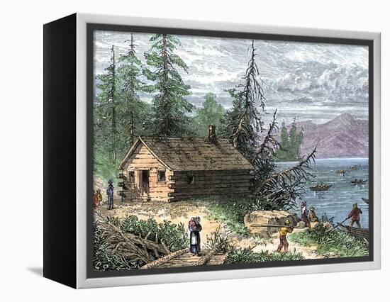 Wilderness Log Cabin of Pioneers Who Travel by River-null-Framed Premier Image Canvas