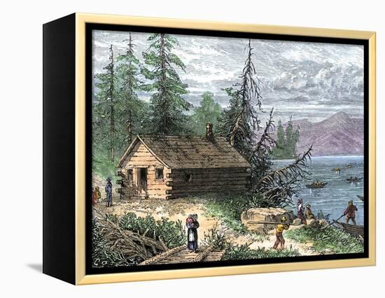 Wilderness Log Cabin of Pioneers Who Travel by River-null-Framed Premier Image Canvas