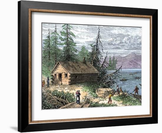 Wilderness Log Cabin of Pioneers Who Travel by River-null-Framed Giclee Print