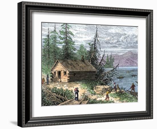 Wilderness Log Cabin of Pioneers Who Travel by River-null-Framed Giclee Print