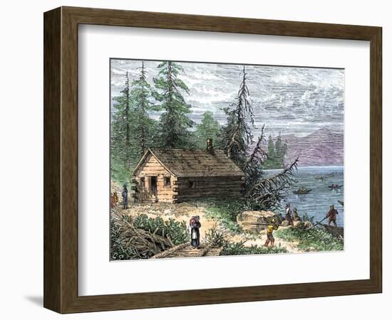 Wilderness Log Cabin of Pioneers Who Travel by River-null-Framed Giclee Print