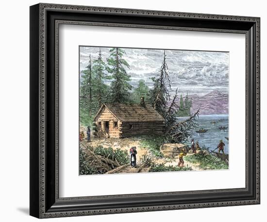 Wilderness Log Cabin of Pioneers Who Travel by River-null-Framed Giclee Print