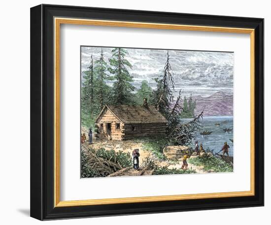 Wilderness Log Cabin of Pioneers Who Travel by River-null-Framed Giclee Print