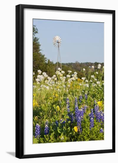 Wildflowers and Windmill in Texas Hill Country, Texas, USA-Larry Ditto-Framed Photographic Print