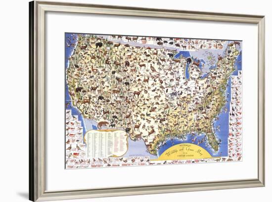 Wildlife And Game Map Of The United States-Ira Moss-Framed Art Print