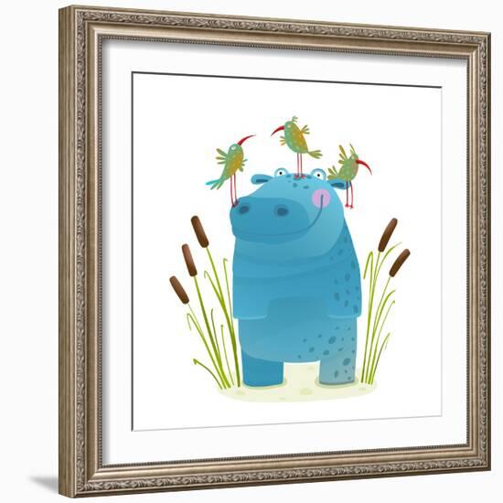 Wildlife Hippo with Cute Birds Smiling Kids Friends. Happy Hippopotamus Watercolor Style Animal in-Popmarleo-Framed Art Print