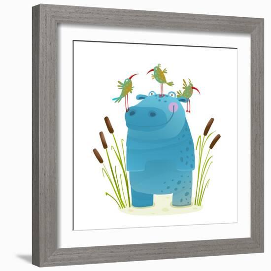 Wildlife Hippo with Cute Birds Smiling Kids Friends. Happy Hippopotamus Watercolor Style Animal in-Popmarleo-Framed Art Print