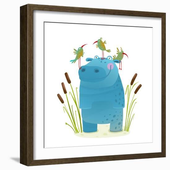 Wildlife Hippo with Cute Birds Smiling Kids Friends. Happy Hippopotamus Watercolor Style Animal in-Popmarleo-Framed Art Print