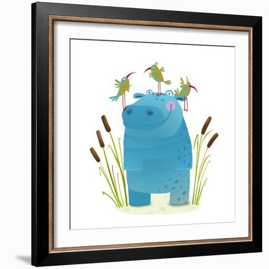 Wildlife Hippo with Cute Birds Smiling Kids Friends. Happy Hippopotamus Watercolor Style Animal in-Popmarleo-Framed Art Print