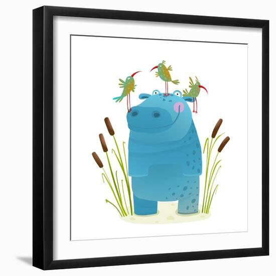 Wildlife Hippo with Cute Birds Smiling Kids Friends. Happy Hippopotamus Watercolor Style Animal in-Popmarleo-Framed Art Print