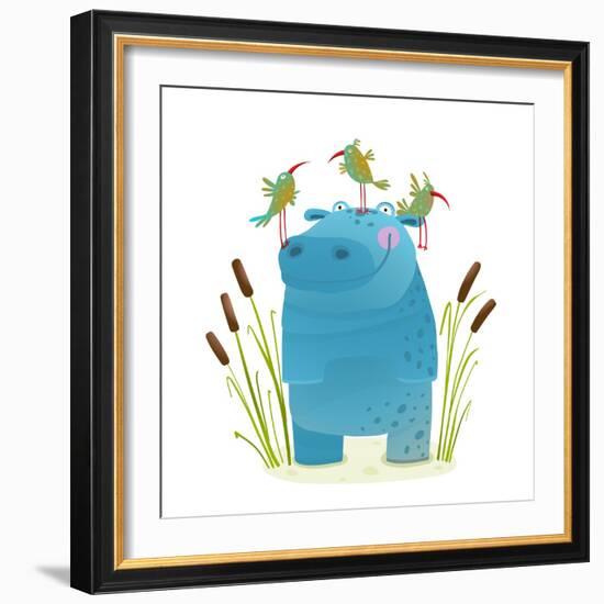 Wildlife Hippo with Cute Birds Smiling Kids Friends. Happy Hippopotamus Watercolor Style Animal in-Popmarleo-Framed Art Print