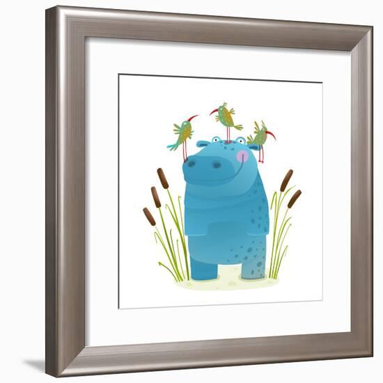 Wildlife Hippo with Cute Birds Smiling Kids Friends. Happy Hippopotamus Watercolor Style Animal in-Popmarleo-Framed Premium Giclee Print