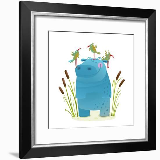 Wildlife Hippo with Cute Birds Smiling Kids Friends. Happy Hippopotamus Watercolor Style Animal in-Popmarleo-Framed Premium Giclee Print