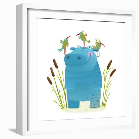 Wildlife Hippo with Cute Birds Smiling Kids Friends. Happy Hippopotamus Watercolor Style Animal in-Popmarleo-Framed Premium Giclee Print