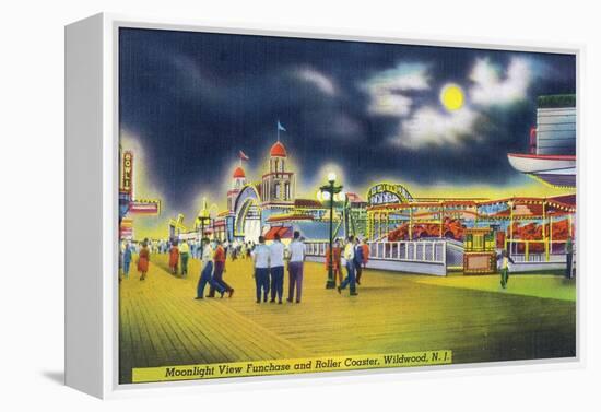 Wildwood-by-the-Sea, New Jersey - Funchase and Roller Coaster in the Moonlight-Lantern Press-Framed Stretched Canvas