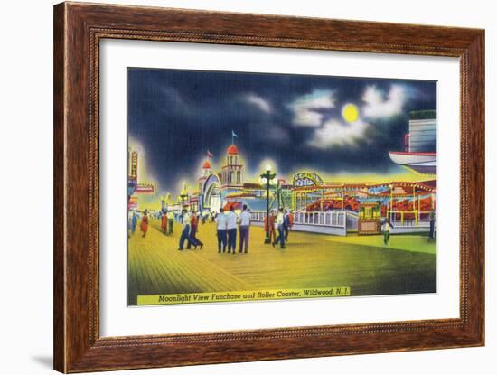 Wildwood-by-the-Sea, New Jersey - Funchase and Roller Coaster in the Moonlight-Lantern Press-Framed Art Print