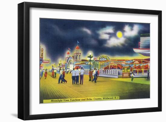 Wildwood-by-the-Sea, New Jersey - Funchase and Roller Coaster in the Moonlight-Lantern Press-Framed Art Print