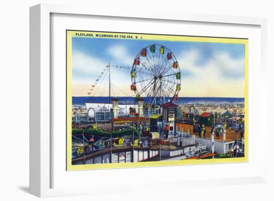 Wildwood-by-the-Sea, New Jersey - View of Playland, Ferris Wheel-Lantern Press-Framed Premium Giclee Print