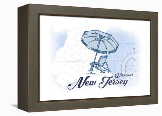 Wildwood, New Jersey - Beach Chair and Umbrella - Blue - Coastal Icon-Lantern Press-Framed Stretched Canvas
