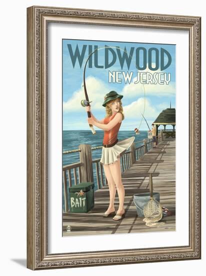 Wildwood, New Jersey - Fishing Pinup Girl-Lantern Press-Framed Art Print