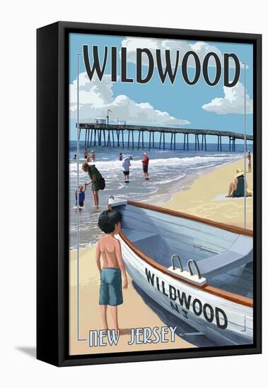 Wildwood, New Jersey - Lifeboat and Pier-Lantern Press-Framed Stretched Canvas