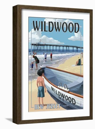 Wildwood, New Jersey - Lifeboat and Pier-Lantern Press-Framed Art Print