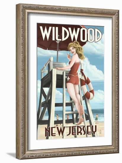 Wildwood, New Jersey - Lifeguard Pinup Girl-Lantern Press-Framed Premium Giclee Print