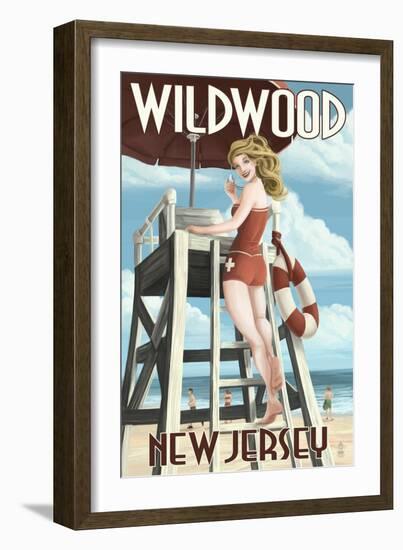 Wildwood, New Jersey - Lifeguard Pinup Girl-Lantern Press-Framed Premium Giclee Print