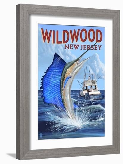 Wildwood, New Jersey - Sailfish Fishing Scene-Lantern Press-Framed Art Print