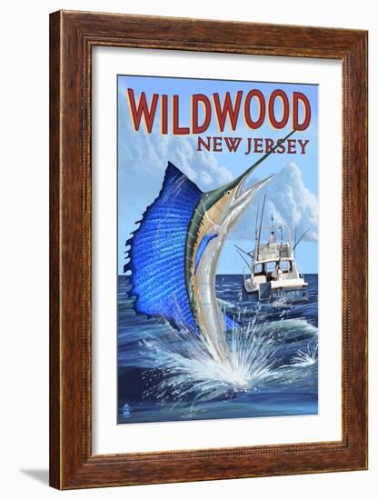 Wildwood, New Jersey - Sailfish Fishing Scene-Lantern Press-Framed Art Print