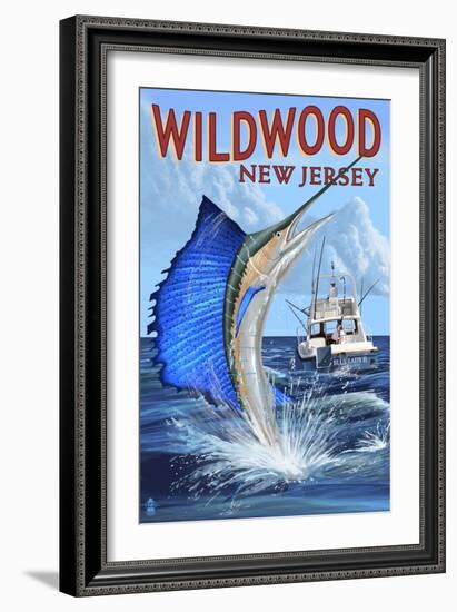 Wildwood, New Jersey - Sailfish Fishing Scene-Lantern Press-Framed Art Print