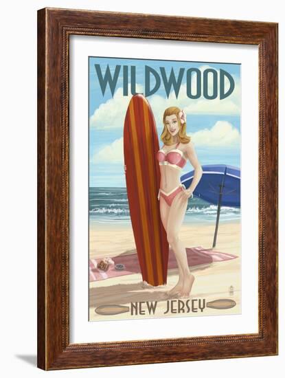 Wildwood, New Jersey - Surfing Pinup Girl-Lantern Press-Framed Premium Giclee Print