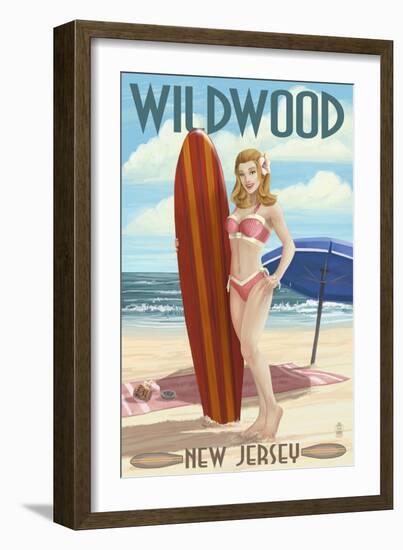 Wildwood, New Jersey - Surfing Pinup Girl-Lantern Press-Framed Art Print