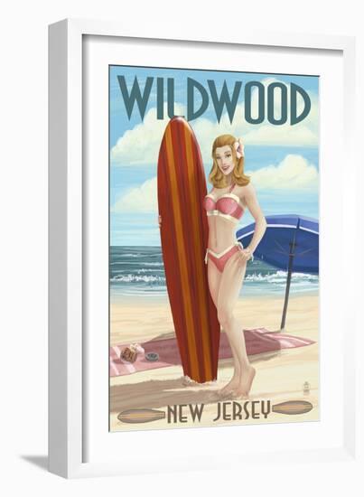 Wildwood, New Jersey - Surfing Pinup Girl-Lantern Press-Framed Art Print