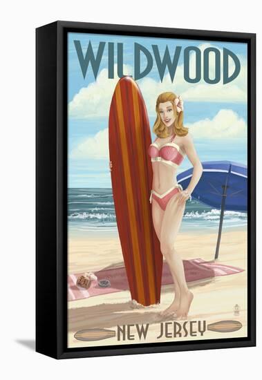 Wildwood, New Jersey - Surfing Pinup Girl-Lantern Press-Framed Stretched Canvas