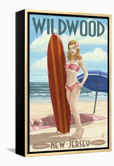 Wildwood, New Jersey - Surfing Pinup Girl-Lantern Press-Framed Stretched Canvas