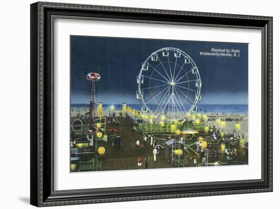 Wildwood, New Jersey - Wildwood-By-The-Sea Playland at Night View-Lantern Press-Framed Art Print