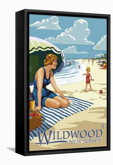 Wildwood, New Jersey - Woman on the Beach-Lantern Press-Framed Stretched Canvas