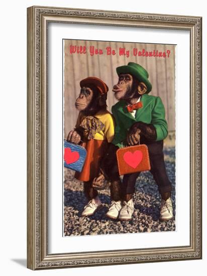 Will You Be My Valentine? Chimps with Heart Suitcases-null-Framed Art Print