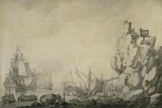 Ships and Militia by a Rocky Shore, C.1680 (Pen and Ink on Prepared Canvas)-Willem Van De Velde the Elder-Framed Giclee Print