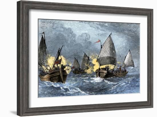 William Claiborne and Leonard Calvert in Battle, the First Naval Conflict on Chesapeake Bay, 1630s-null-Framed Giclee Print