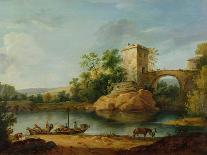 A Wooded Italianate River Landscape with Peasants in a Barge and a Bridge Beyond-William Marlow-Giclee Print