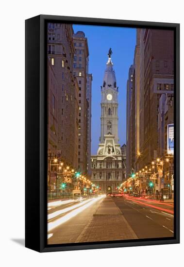 William Penn statue on the top of City Hall at dusk and streaked car lights from Broad Street, P...-null-Framed Premier Image Canvas