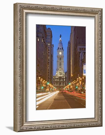 William Penn statue on the top of City Hall at dusk and streaked car lights from Broad Street, P...-null-Framed Photographic Print