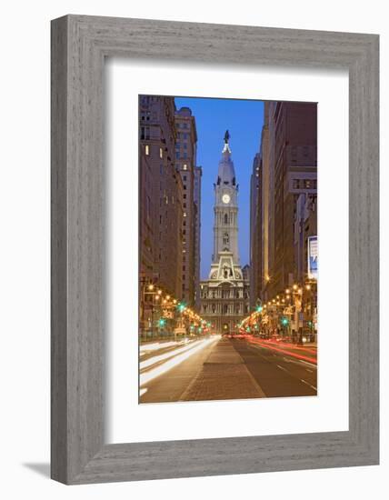 William Penn statue on the top of City Hall at dusk and streaked car lights from Broad Street, P...-null-Framed Photographic Print