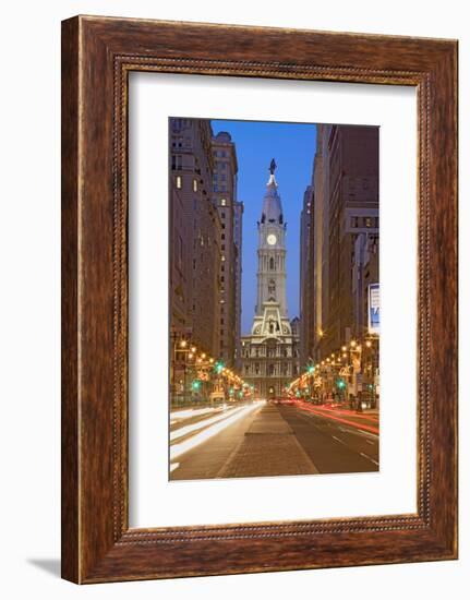 William Penn statue on the top of City Hall at dusk and streaked car lights from Broad Street, P...-null-Framed Photographic Print