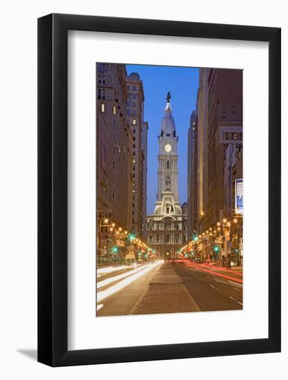 William Penn statue on the top of City Hall at dusk and streaked car lights from Broad Street, P...-null-Framed Photographic Print